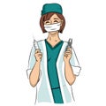 dentist woman holds syringe and tongs