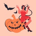 Sexy devil girl in red Halloween costume sitting on pumpkin vector illustration isolated Royalty Free Stock Photo