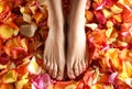 feet of a young woman on bright fallen petals Royalty Free Stock Photo