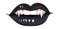 Sexy female lips with fangs. Girl vampire teeth. Black lips. Hand drawing illustration isolated on white background. Vector