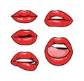 Sexy Female Lips with Gloss Red Lipstick. Pop Art Style Vector Fashion Illustration Woman Mouth. Gestures Collection Expressing Royalty Free Stock Photo