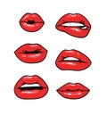 Sexy Female Lips with Gloss Red Lipstick. Pop Art Style Vector Fashion Illustration Woman Mouth. Gestures Collection Expressing Royalty Free Stock Photo