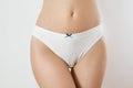 Sexy female panties, Slim woman against abstract white background and copyspace, menstruar circle