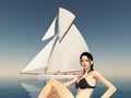 female underwear model at the sea and sailing yacht