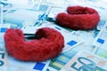 fluffy handcuffs and dollar bills, with a filter effect Royalty Free Stock Photo