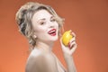 Fruit Series. Smiling Happy Naked Caucasian Blond Girl With Lemon