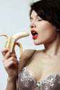 girl with a banana. Underwear. Makeup. Emotions. Passion.