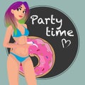 girl in a bikini with pink donut