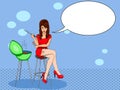 girl cook. Pose on a chair. Legs crossed. Style comics. Raster of pop art. Barbecue or barbeque informally BBQ or