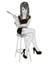 girl cook. Pose on a chair. Legs crossed. Style comics. Object on white background. Shades of gray, raster