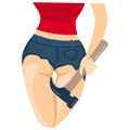 Sexy girl with a hammer in her hands. Back view. A woman in short shorts and a red T-shirt in a seductive pose with a