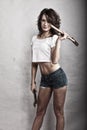 girl holding hammer and wrench spanner Royalty Free Stock Photo