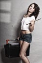 girl holding toolbox and wrench spanner Royalty Free Stock Photo