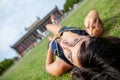 girl lies on gras at Lustgarten