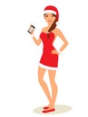 Girl In Santa Costume with phone in hand