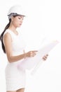 girl structural engineer looking at drafting paper Royalty Free Stock Photo