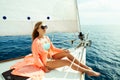 girl in swimwear pareo on yacht sea cruise vacation Royalty Free Stock Photo