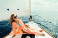 girl in swimwear pareo on yacht sea cruise vacation Royalty Free Stock Photo