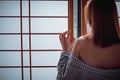 Sexy girl wearing Yukata on lower body and nude on upper