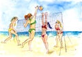 girls in bikini playing beach volleyball, sea and sand background Royalty Free Stock Photo