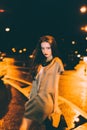 gorgeous brunette girl portrait in night city lights Royalty Free Stock Photo