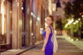 gorgeous brunette girl portrait in night city lights. Royalty Free Stock Photo