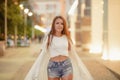 gorgeous brunette girl portrait in night city lights. Royalty Free Stock Photo