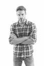 Sexy guy casual style. Masculinity concept. Man beauty model. Menswear shop. Manhood. Macho man wearing checkered shirt Royalty Free Stock Photo