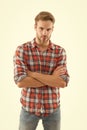 Sexy guy casual style. Masculinity concept. Man beauty model. Menswear shop. Manhood. Macho man wearing checkered shirt Royalty Free Stock Photo