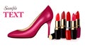 high heel shoe and lipsticks.