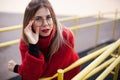 Sexy hot woman in a red wool sweater. Close-up Royalty Free Stock Photo