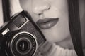 lips. Beautiful woman`s face. Sensual girl and camera.