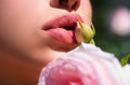 Sexy Lips. Beauty Red Lips Makeup Detail. Lips with spring flowers closeup. Beautiful woman lips with rose. Royalty Free Stock Photo