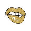 Sexy lips, bite one's lip. Lips Biting. Female lips with golden glitter lipstick.