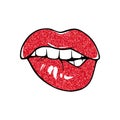 Sexy lips, bite one's lip. Lips Biting. Female lips with red glitter lipstick.