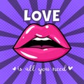 Sexy lips. Female red glossy mouth, hot sexual kiss pop art vintage trendy colorful poster design or banner, cartoon
