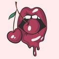 lips with juicy cherry, vector illustration