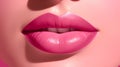 Sexy lips. Pink lip gloss. Lip makeup. Close-up of pink plump lips, texture. Generative.