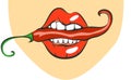 lips with red hot chili pepper. Pop art mouth biting spice. Close up view of cartoon girl eating flavouring. Vector illustrat