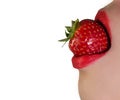 lips with strawberry. Natural skin. Whte background.