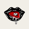 Sexy Lips in vintage style for tattoo. Medical drug on the tongue. Retro american old school sketch. Hand drawn engraved Royalty Free Stock Photo