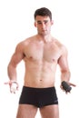 male body builder holding a boxes with supplements on his b Royalty Free Stock Photo