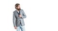 Man in suit. Male beard and mustache. Sexy male, brutal macho, hipster. Hand in with wrist watch in a business suit Royalty Free Stock Photo