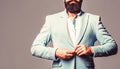 Sexy male, brutal macho, hipster. Male in tuxedo. Elegant handsome man in suit. Handsome bearded businessman in classic Royalty Free Stock Photo