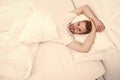 Sexy man in bed. early morning wakeup. lazy sunday with morning sex. man lying white bedroom. time to relax. male health Royalty Free Stock Photo