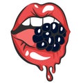 melting lips with juicy gum or berry. Pop art mouth biting candy. Close up view of abstract cartoon girl eating blackberry. I