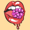 melting lips with juicy gum or berry. Pop art mouth biting candy. Close up view of abstract cartoon girl eating raspberry. Ve Royalty Free Stock Photo