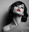 model with short hair style and red lips. Black and white Royalty Free Stock Photo