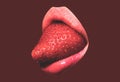 Sexy mouth lips with strawberry tongue, isolated on red background.