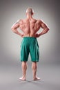 Sexy Muscular bodybuider posing on the gray background. Back view